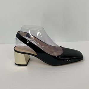 Tuckernuck Sienna slingback shoes black patent leather gold chunky heel Spain 7